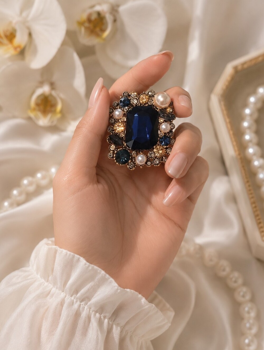 Navy Blue and Gold Crystal Pearl Cluster Brooch